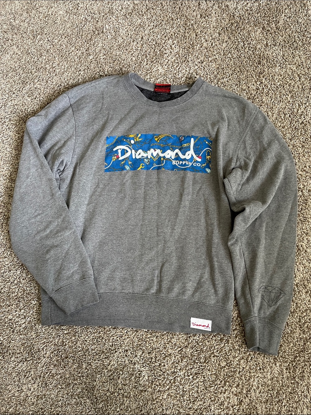 Diamond Supply Co. Grey Crewneck with Blue Patterned Logo